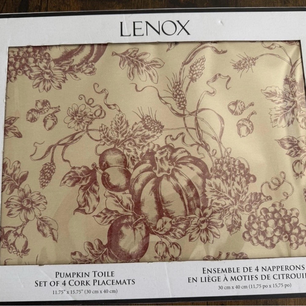 Lenox Pumpkin Toile Cork Placemats Set of 8 Fall Thanksgiving Table Decor